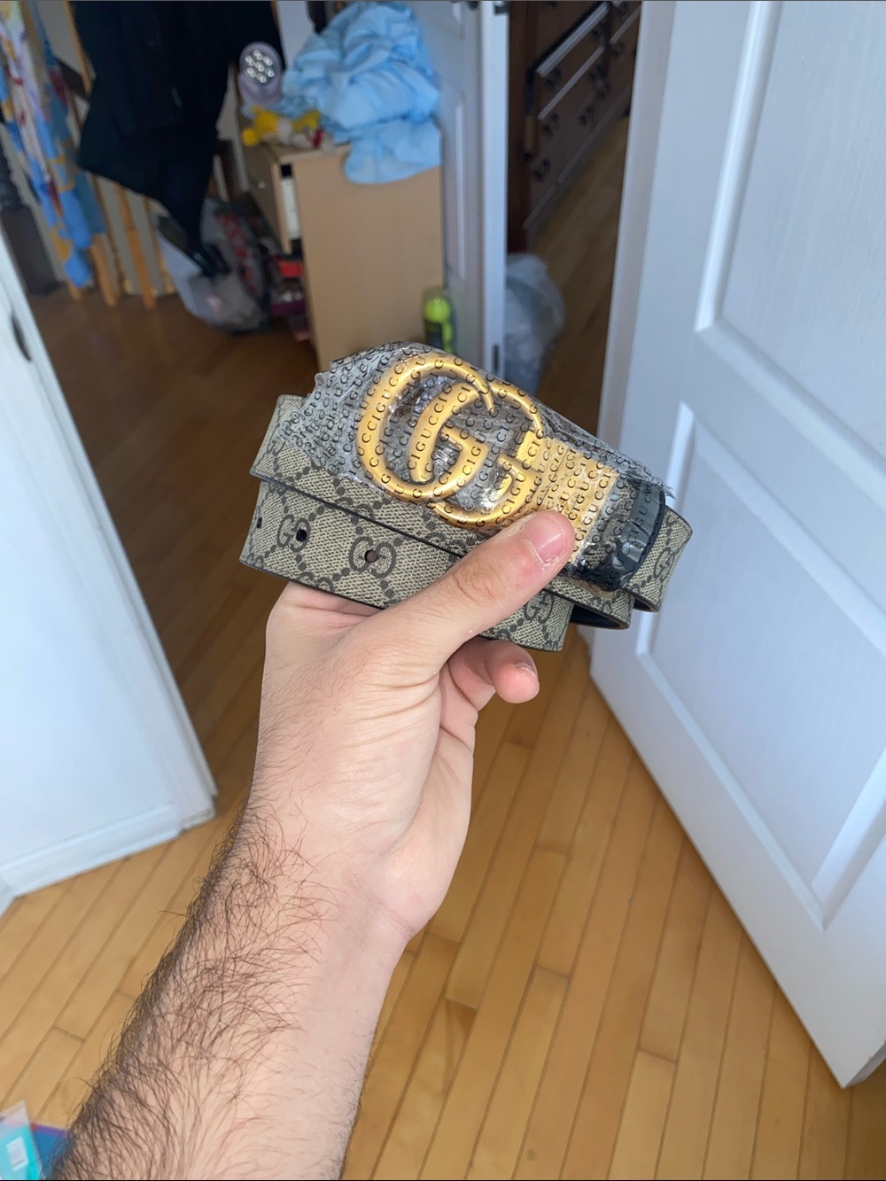 Gucci Beige Monogram Belt with Gold Double G Buckle